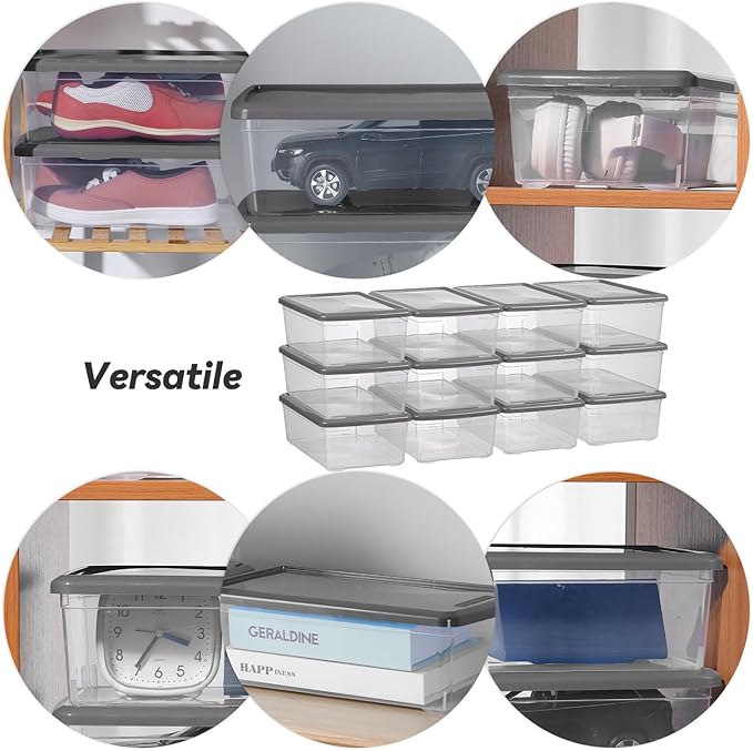 Party Club of America 6 Quart Latching Storage Box,Plastic Clear Storage Bins With Lids Stackable (Grey, 12 Pack)