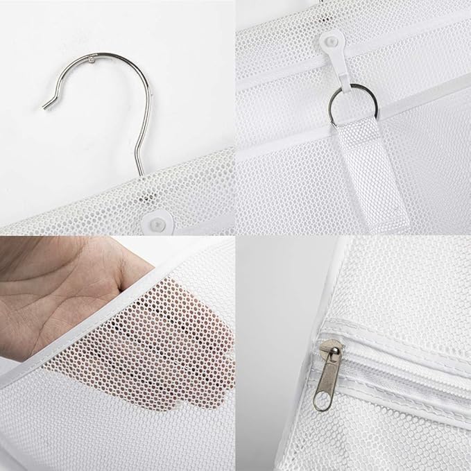 ALYER Hanging Semi Round Storage Mesh Bag,Collapsible Laundry Hamper Basket with Durable Hanger (White)