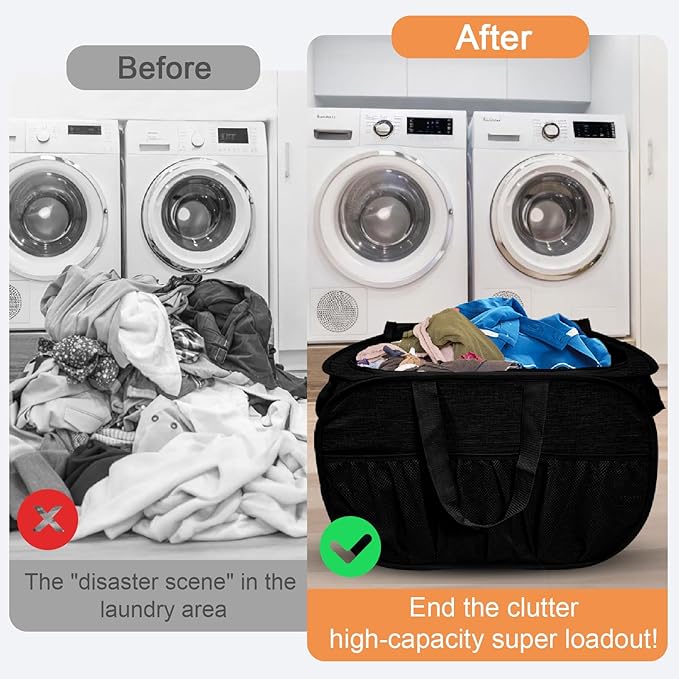 Collapsible Laundry Baskets with Lid, Foldable Laundry Basket with Pockets, Pop Up Laundry Hamper with Dual Handles, 99L Sturdy Clothes Hampers for Clothes, Groceries, Supplies, Tools, Black
