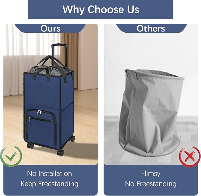 Bukere Extra Large Rolling Laundry Basket with Wheels, 90L Freestanding Collapsible Laundry Hamper Bag for Clothes Storage, Removable Wheeled Cart for College Dorm Apartment Laundry Room Bathroom