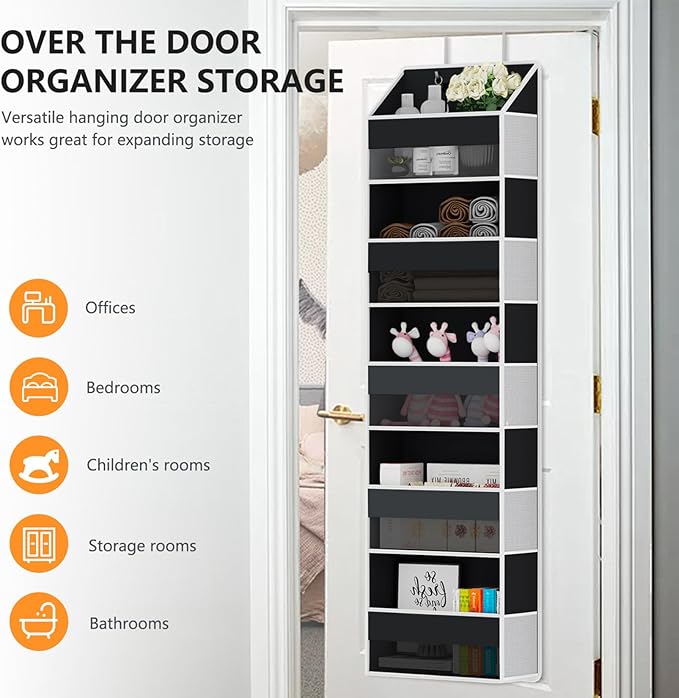 Over Door Organizer - Over The Door Storage Organizer with 5 Large Pockets & 10 Mesh Side Compartments - Heavy-Duty Hanging Storage for Bathroom, Bedroom & Nursery - Room Organizer Solution - Black