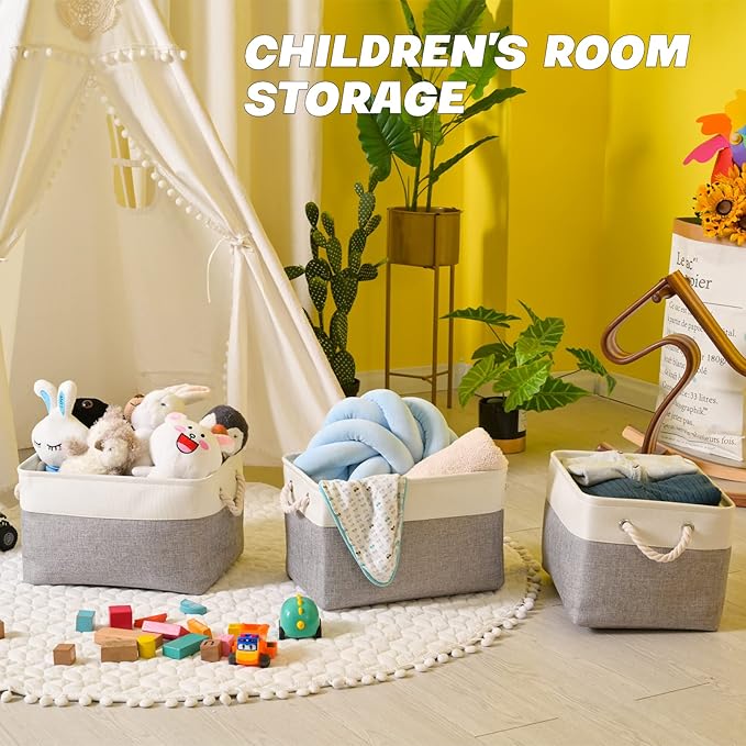 Storage Bins 3 Pack, Fabric Storage Basket for Collapsible Medium Canvas Storage Baskets for Organizing Shelf Nursery Home Closet with Cotton Rope Handle 15(L) x 11(W) x 9.5(H) inch(White&Grey-3PCS)