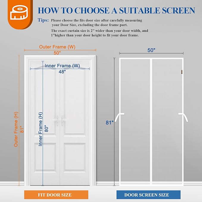 Magnetic Screen Door, Fits 48'' x 80'' Door, Scratch-Proof Polyester, Keep Annoying Creatures Out, Pet Friendly, Easy Hanging with Strong-Adhesive Hook&Loop, Good Mesh for French/Double Doors, White
