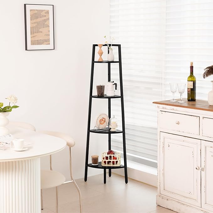 Yoobure 4-Tier Corner Shelf with Metal Frame, Ladder Bookshelf Display for Bedroom Living Room, Tall Bookcase Plant Stand, Wood Small Shelf Stand Home