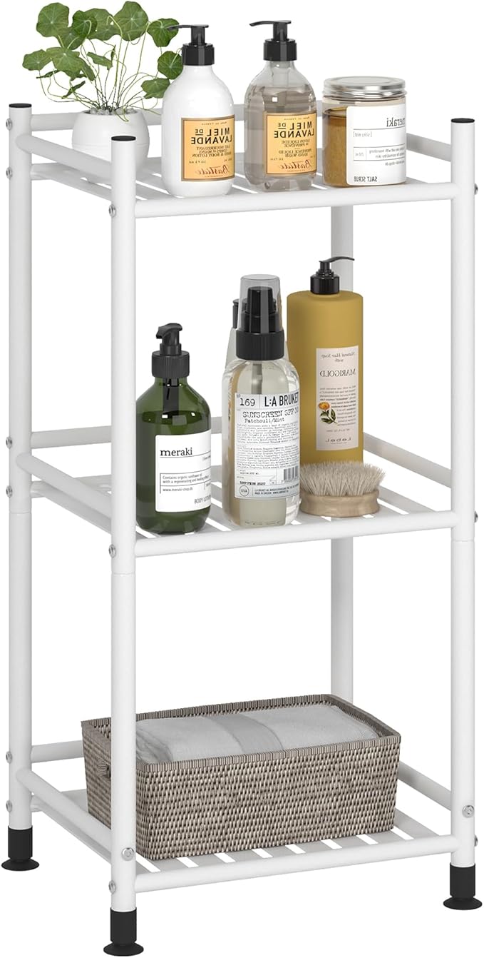 3 Tier Bathroom Storage Open Shelf Unit, Free-Standing Metal Corner Rack Shelving for Kitchen, Living Room, Hallway (Matte White, 3 Tier)