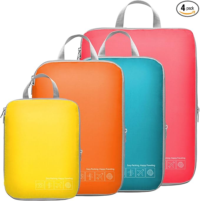 Cambond Compression Packing Cubes for Travel - 4 Piece Expandable Luggage Packing Organizers Bags Set, Lightweight Compression Cubes for Travel Essentials Carry on Suitcases, Multi-color