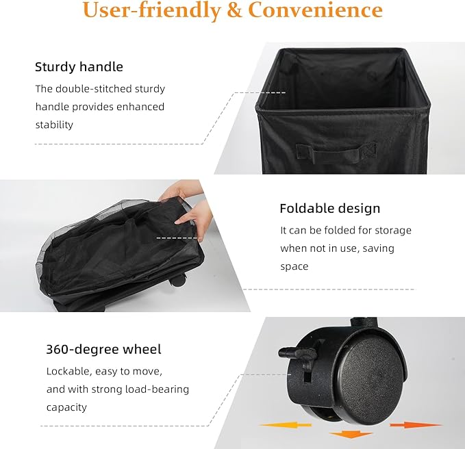 90L Laundry Basket with Wheels,Laundry Hamper with Removable Wash Bag, Rolling Clothes Hamper, Foldable Dirty Clothes Basket on wheels for Bedroom, Dorm, Laundry Room, Black