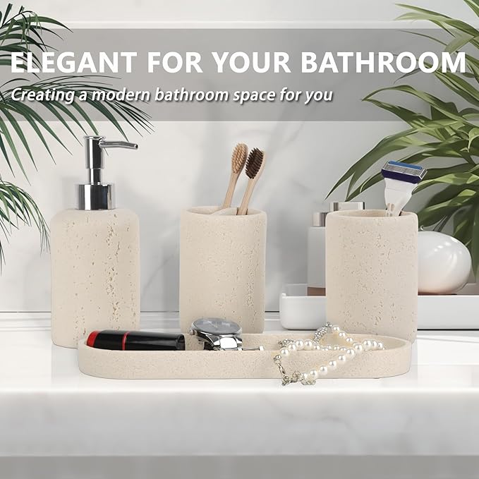 Bathroom Accessories Set,4 Piece Travertine Stone Look Bathroom Accessory Set with Soap Dispenser,Toothbrush Holder,Vanity Tray,Tumbler,Bathroom Organizer for Modern Bathrooms - Beige