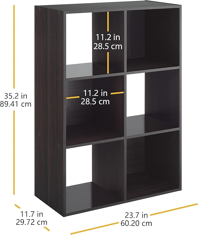 Whitmor 6 Cube Storage Organizer, 3 Tier Stackable Mdf Wood Bookcase, Open Storage Display Bookshelf, Storage Cabinet for Living Room, Bedroom, Home, Office, 23.7"L x 11.7"W x 35.2"H, Espresso