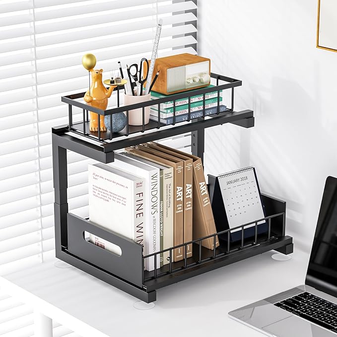 Under Sink Organizer, Heavy Duty Metal Pull Out Cabinet Organizer Slide Out Sink Shelf Organizer Height Adjustable, Multi-Purpose Storage Shelf for Kitchen Bathroom(Black,1Pack)