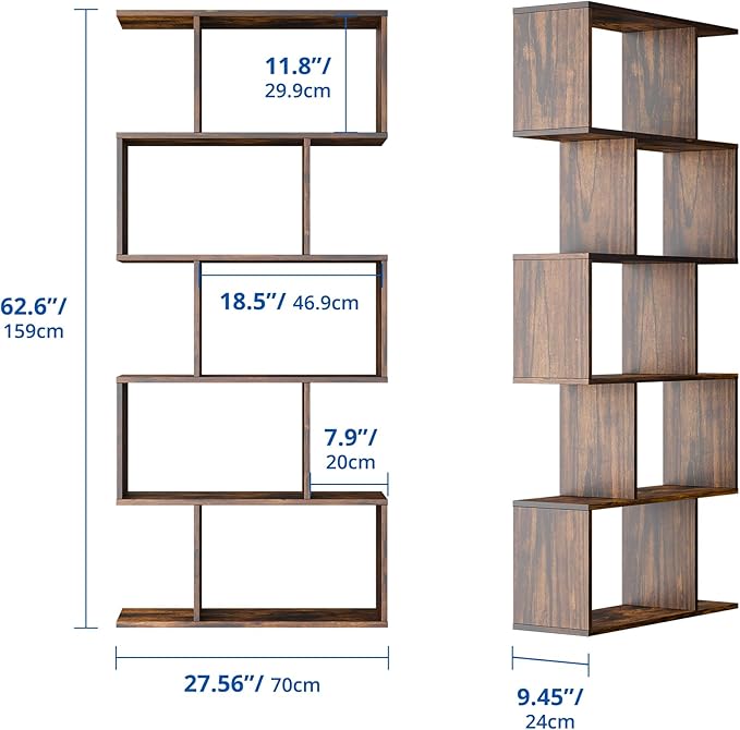 Cozy Castle Set of 2 Geometric Bookcase, S-Shaped Modern Bookshelf, Room Divider Bookshelf, 62" Tall Unique Abstract Bookcase with 5-Tier Display Shelf for Living Room Office, Rustic Brown