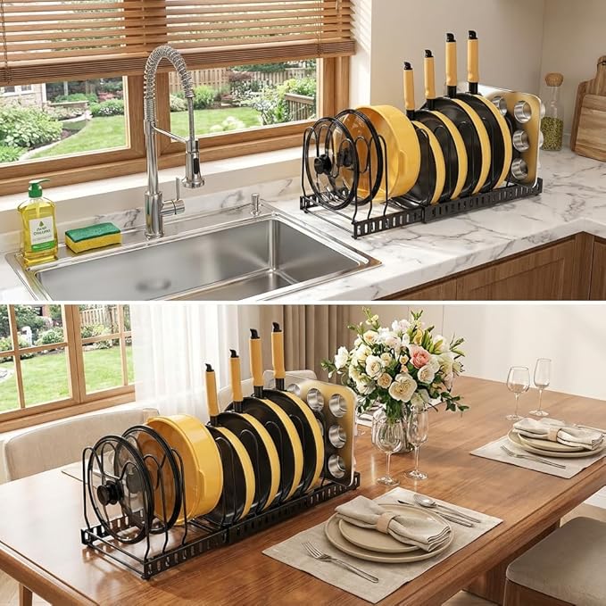 Pot and Pan Organizer Rack for Cabinet, Expandable Pot Lid Organizer Holder with 12 Adjustable Compartment for Kitchen Cutting Board, Pan Lid, Cabinet Cookware Baking