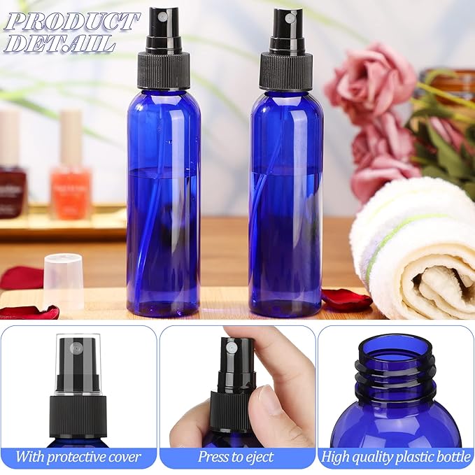 Nuogo 90 Pack 4 Oz Plastic Mini Spray Bottles Reusable Travel Size Perfume Refillable Mist Sprayer Empty Bottle for Essential Oil(Blue)