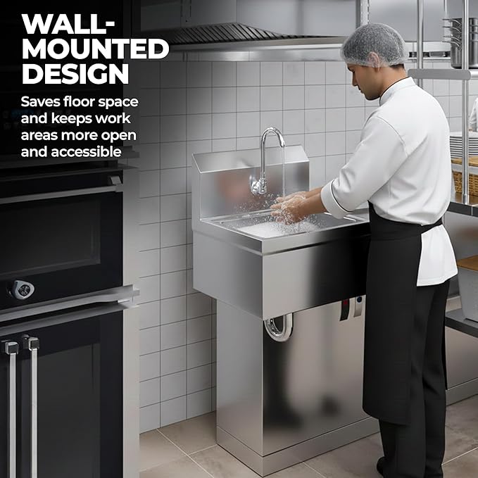 Stainless Steel Wall Mount Hand Sink with Gooseneck Faucet, Knee Pedals & Side Splash | 17" x 15" Commercial Basin for Kitchen or Janitorial Use, NSF (17" x 15" with Knee Pedals)
