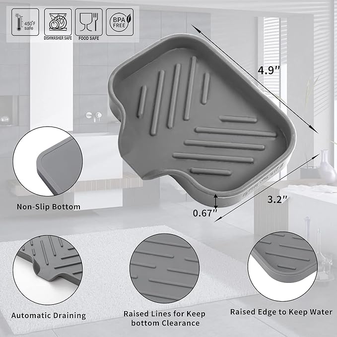 MicoYang Silicone Bathroom Soap Dishes with Drain Spout-Bathroom and Kitchen Sink Organizer,Sponge Holder,Dish Soap Tray,Perfect for Dispenser,Scrubber,Bottle,Cup on Sink or Counter-Grey 4.9"×3.2"