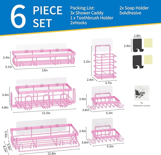 Shower Caddy 18 Pack,Adhesive Organizer for Bathroom Decor Accessories & Kitchen Storage,No Drilling,Large Capacity,Rustproof Stainless Steel Organizer,Home Decor Shelves (Pink 18 Pack)