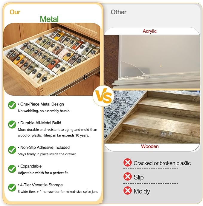 GOENDR Metal Spice Drawer Organizer, 4-Tier 2 Set Spice Rack for Drawer, Expandable From 11.4" to 22.8" Seasoning Organizer, Kitchen Spice Rack Tray for Drawer/Countertop (Jars not included) White