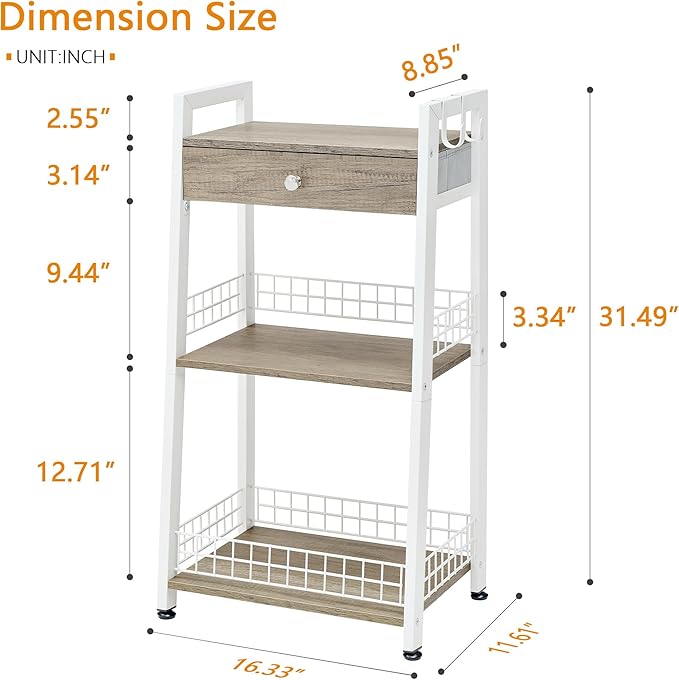 3-Tier Ladder Shelf with Drawer, Bathroom Table Stand for Small Space, Standing Bathroom Shelves with Storage for Living Room Kitchen Bedroom, Organizer Shelf, White