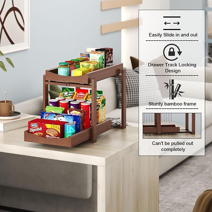 Bamboo Under Sink Organizer and Storage, 2 Pack Pull Out Cabinet Organization, 2 Tier Vertical Slide Out Undersink Storage Shelf, Multi-Purpose Organizer Shelves for Kitchen Bathroom Medicine, Brown