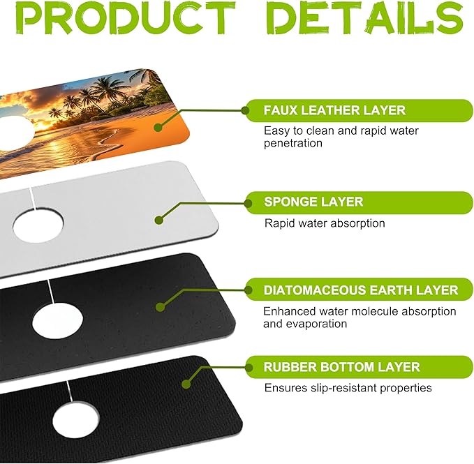 Sunset Beach Waves Palm Trees Kitchen Sink Splash Guard Faucet Mat Super Absorbent Fast Drying Mat Guard Behind Faucet Drip Catcher for Kitchen Bathroom, 15.5"X5.5"