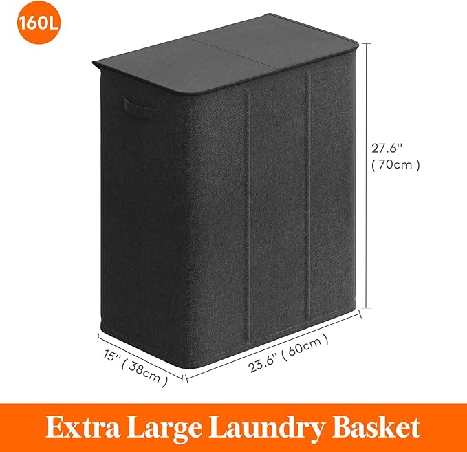 Lifewit Triple Laundry Hamper with Lid and Removable Laundry Bags, Large Collapsible 3 Dividers Dirty Clothes Basket with Handles for Bedroom, Laundry Room, Closet, Bathroom, College, 160L Dark Gray