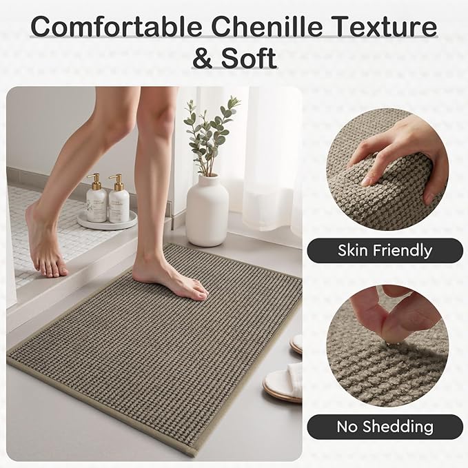MontVoo Bath Mat Rug-Chenille Absorbent Bathroom Mat Quick Dry-Rubber Backed Bathroom Rugs Non Slip Washable Bath Mats,Ultra Thin Bathroom Rugs Fit Under Door,20"x32",Brown