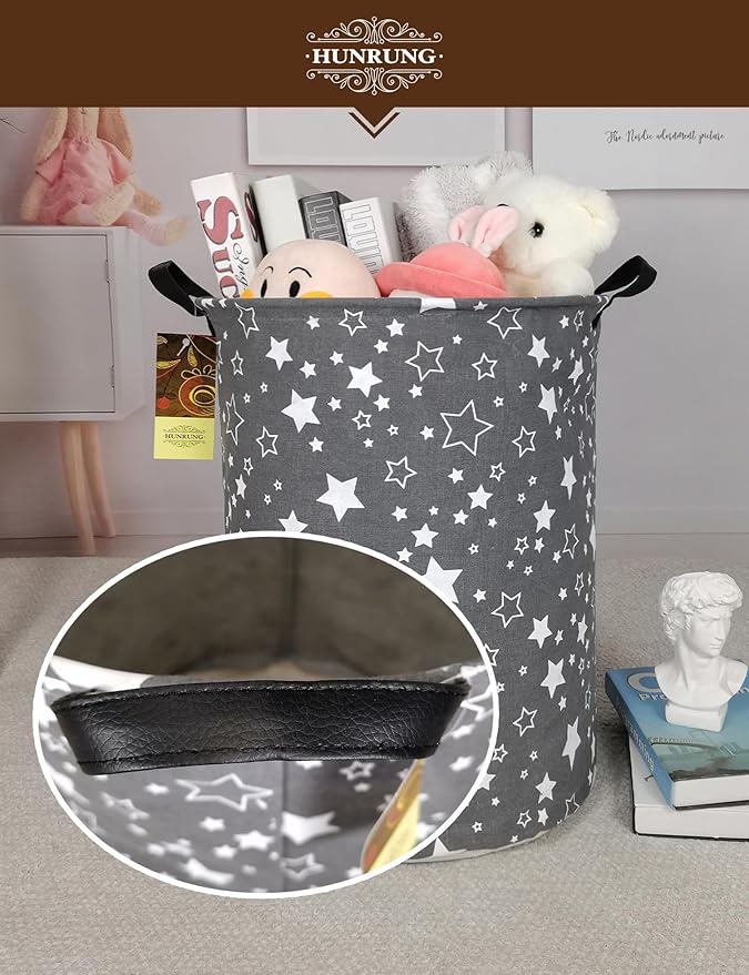 HUNRUNG Laundry Hamper,Large Canvas Fabric Lightweight Storage Basket Toy Organizer Dirty Clothes Collapsible Waterproof for College Dorms, Children Bedroom,Bathroom（Round star）