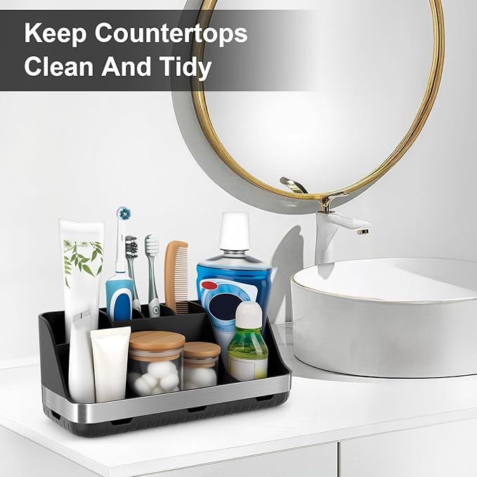 Black Toothbrush Holder - 7 Slots Bathroom Organizer Countertop with Drainage Matte Black Electric Toothbrush and Toothpaste Holder for Bathroom Accessories Sink Storage
