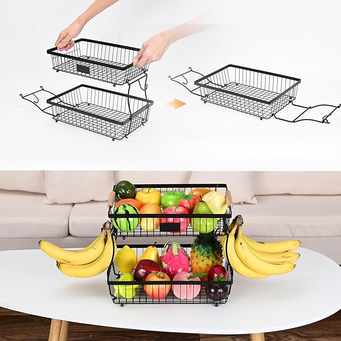 Fruit Basket Bowl 2 Tier Detachable with 2 Banana Hangers, Fruit Stand Holder for Kitchen Countertop, Metal Wire Vegetable Storage Organizer, for Bread Snack Veggies Produce, Black