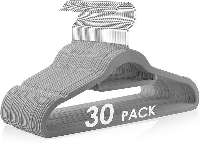 Velvet Hangers Non Slip Felt Hangers, 30 Pack Grey Velvet Clothes Hangers Space Saving Slim with 360 Degree Swivel Hook for Suits Coats, Jackets, Pants, and Dress Clothes