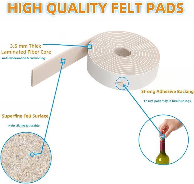 Felt Strips with Adhesive Backing – Furnigear Heavy Duty Cuttable Felt Tape Roll Furniture Pads for Chair Legs - Protecting Hardwood Floors, Chair Wall Protector (Beige, 120 x 2 x 0.14 Inch)