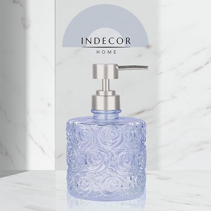 Marcella Glass Soap Dispenser with Soap Pump, Refillable 14 Ounce Capacity, Floral Design Rose Patterns, Heavy Weight Thick Glass for Bathroom, Premium Kitchen Soap Dispenser Cornflower Blue
