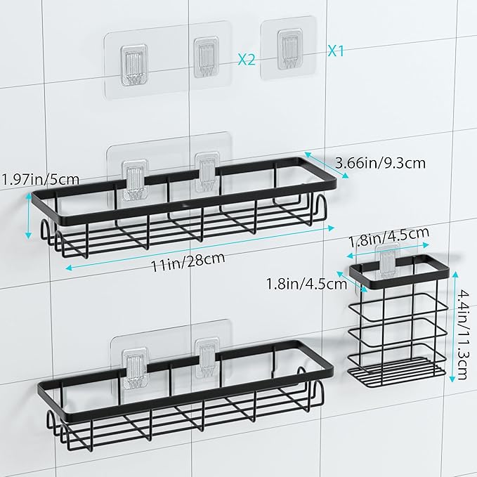 Uninol Shower Caddy Organizer with Hooks,Self Adhesive Bathroom Shelves,Shower Shelves,No Drilling Bathroom Organizers and Storage,Perfect for RV, Apartment, Home Decor,3 Pack Black