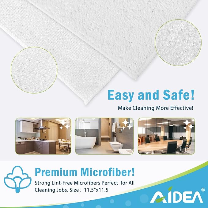 AIDEA Microfiber Cleaning Cloth White 50PK, Cleaning Rags, Lint Free Microfiber Towels, Kitchen Towels Dusting Cloth, Wash Cloths, Dish Rags White, 11.5"x 11.5"