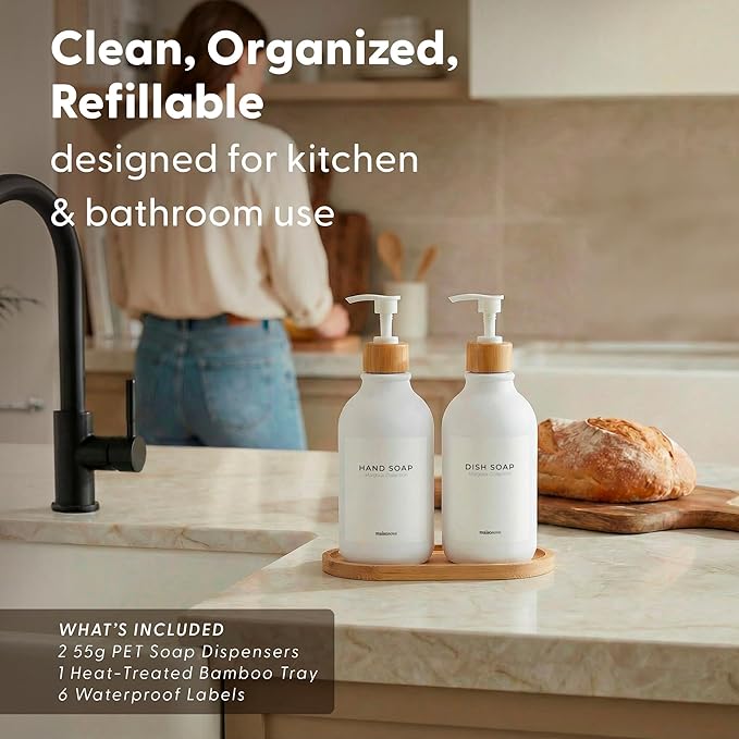 MaisoNovo Soap Dispenser Bathroom Set of 2-16.9 oz Bathroom Soap Dispenser Set - White Plastic Bottles x 2 with White Bamboo Pumps & Tray