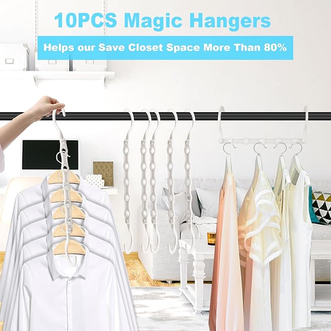 DUCOO 10 PCS Space Saving Hangers, 5-Hole Magic Hangers - Sturdy Plastic Hanger, Closet Organizers for Clothes Storage, College Dorm Essentials, Home Organization (White)