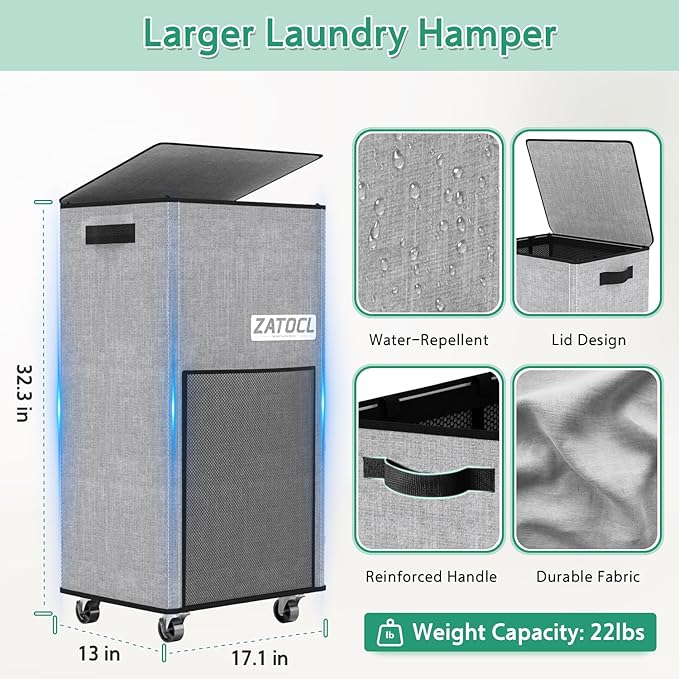 Laundry Hamper with Lid and Wheels, 29 Gal Rolling Laundry Basket with Washing Bag & Front Mesh Bag, Collapsible Dirty Clothes Hampers for Bedroom Aesthetic, Bathroom, Dorm, Laundry Room - Easy Carry