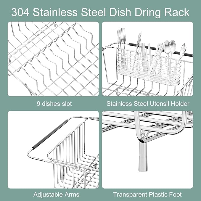 JAQ Dish Drying Rack in-Sink, 304 Stainless Steel Dish Drainer with Stainless Steel Silverware Holder Over Inside Sink-Adjustable 15.08" to 22.4" Maximium 13 Upright Dishes