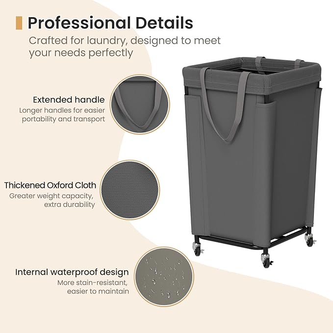 Laundry Basket with Wheels, Large Laundry Hamper with Removable Bag and Steel Frame, 160L Rolling Dirty Clothes Basket for Bedroom, Bathroom, Laundry Room (Gray)