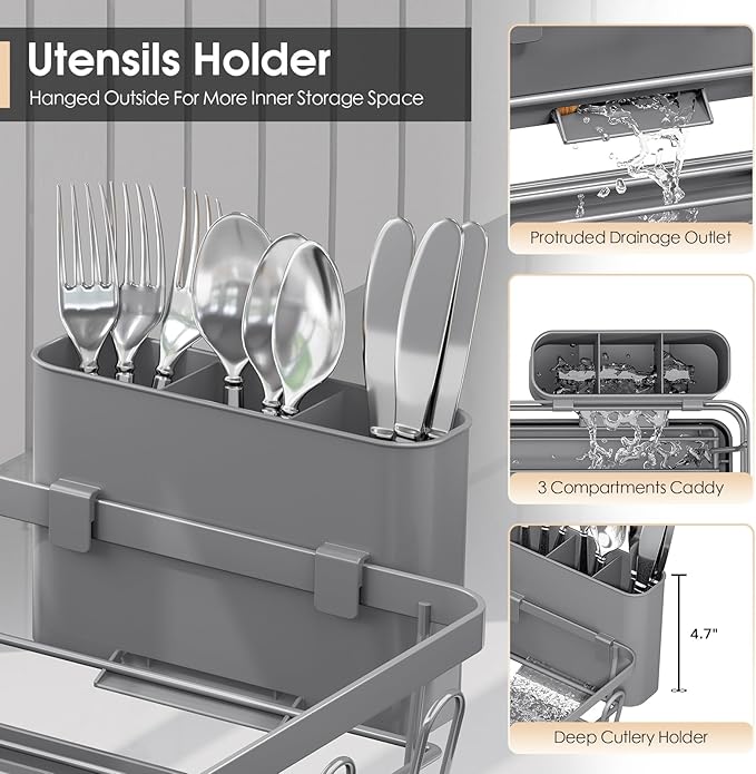 Dish Drying Rack for Kitchen Counter, Sink Dish Rack with Drainboard, Large Dish Drainer with Cups Holder, Home Countertop Plate Dryer Storage Rack with Cutlery Holder, Gray