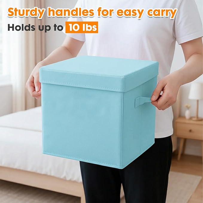 ShellKingdom Storage Bins, Foldable Fabric Storage Cubes with Lid, Clothes Storage Organizer Drawer For Closet Toys Storage, 13 X 13 X 13 INCH, 2 Pack (Light Blue)