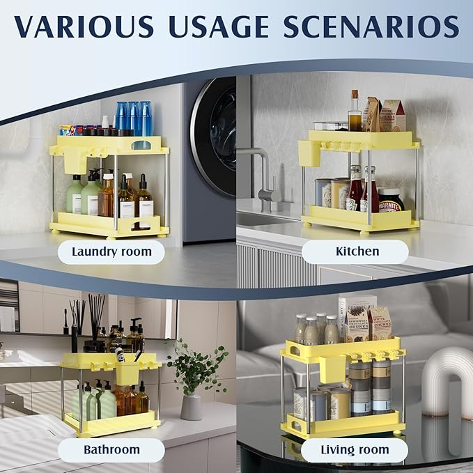 VERIFOST 2 Pack Under Sink Organizers and Storage, Height Adjustable Bathroom Cabinet Organizer, 2 Tier Under Sink Organizer with Hooks, Under Cabinet Organizer for Kitchen Bathroom (Yellow