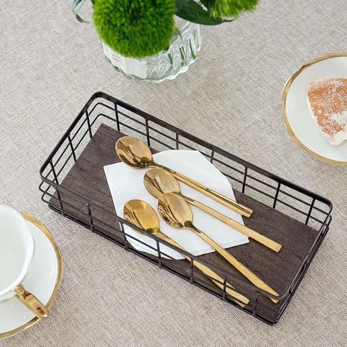 ROSE BLOOM Small Metal Wire Storage Basket, Decorative Wood Base Organizer Bins for Bathroom, Kitchen, Laundry Room, Pantry, Basket for Toilet Paper, Fruits, Spices (2 Pack)