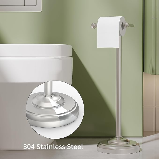 WZRUA Toilet Paper Holder Stand, Brushed Nickel Toilet Paper Holder Free Standing,Post Pivoting Design & Stable Weighted Base SUS304 Stainless Steel for Bathroom