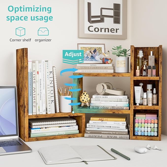 Desk Shelves Desktop Orgnizer Shlef - Rustic Office Organization for Top of Desk Organizers and Accessories Corner Bookshelf Table Top Shelving Small Hutch Decorations for Office