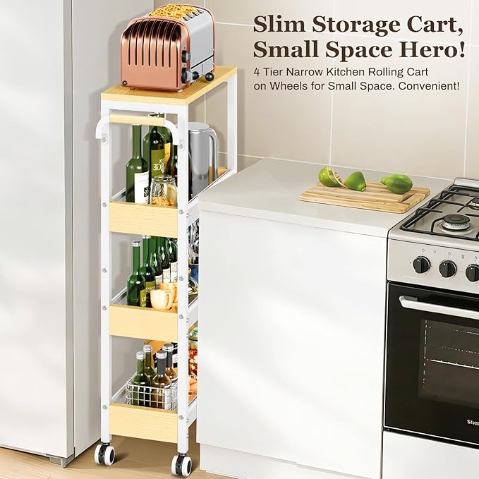 Utility 4 Tier Rolling Cart for Small Spaces, Slim Storage Cart with Wheels, Metal Narrow Kitchen Rolling Storage Cart with Wood Top& Handle for Laundry Room, White Thin Rolling Cart 7.9"(W)