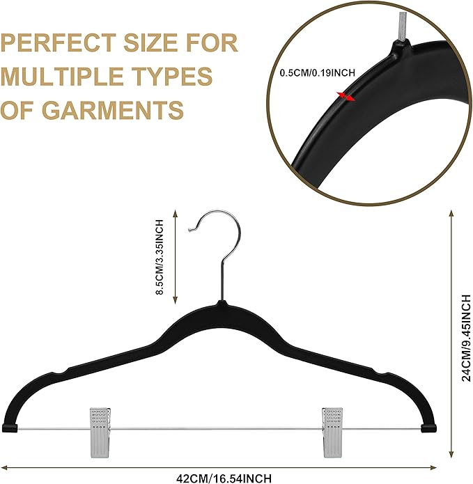 80 Pack Black Quality Plastic Non Velvet Non-Flocked Thin Compact Coat Hangers with Metal Clips for Skirts Pants Blouses 360° Swivel Hook