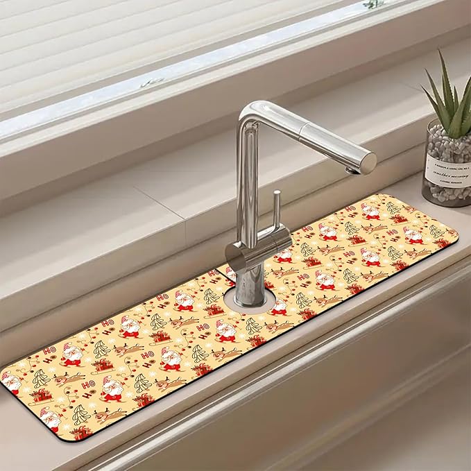 Chrismas Sink Splash Guard Faucet Mat Cute Christmas Absorbent Fast Drying Mat Sink Gadgets Splash Guard Behind Faucet Drip Catcher for Kitchen Bathroom 23.5"X5.5"
