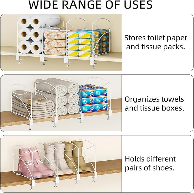 6-Piece Wire Shelf Dividers for Closet Organization, Upgraded C-Clips Adjustable Metal Shelf Dividers Suitable For Bedrooms & Kitchens, Storage Helper for Handbag Sweater Shirt Ankle Boots, White