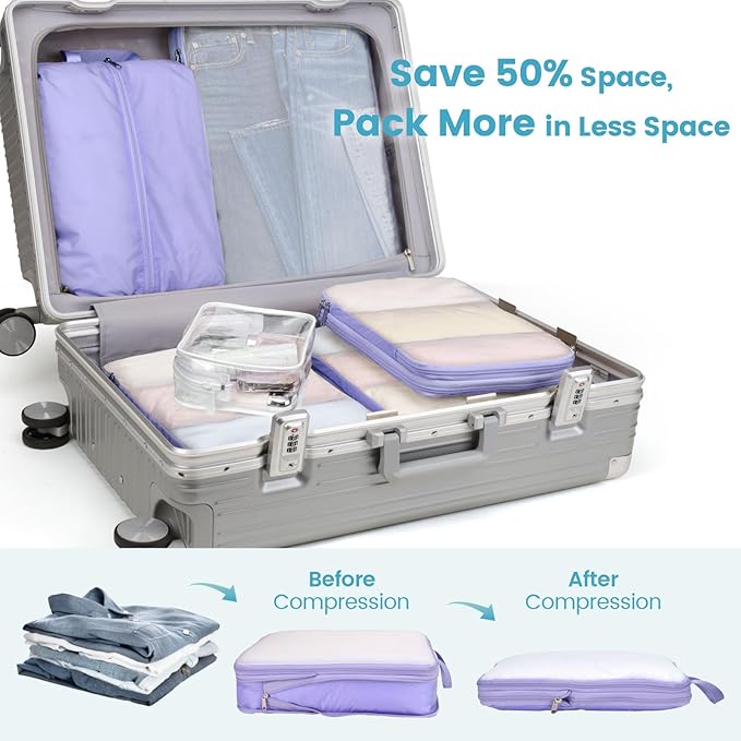 Cambond Mesh Compression Packing Cubes - 6 Piece Expandable See Through Packing Cubes for travel with Shoe and Makeup Bag, Travel Cubes for Packing Organizers Travel Accessories for Suitcases, Purple